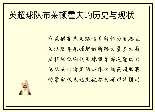 英超球队布莱顿霍夫的历史与现状